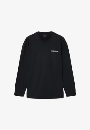 Schwarzes Langarmshirt mit Rundhalsausschnitt, kleinem weißen "ALLSAINTS LONDON"-Logo auf der linken Brust, gerippten Bündchen und lockerem Sitz.