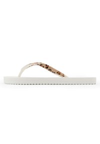 Flip-flop sandal with a white rubber sole, leopard-patterned strap, and textured footbed. Low-profile design with wave-patterned edges.