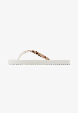 Flip-flop sandal with a white rubber sole, leopard-patterned strap, and textured footbed. Low-profile design with wave-patterned edges.