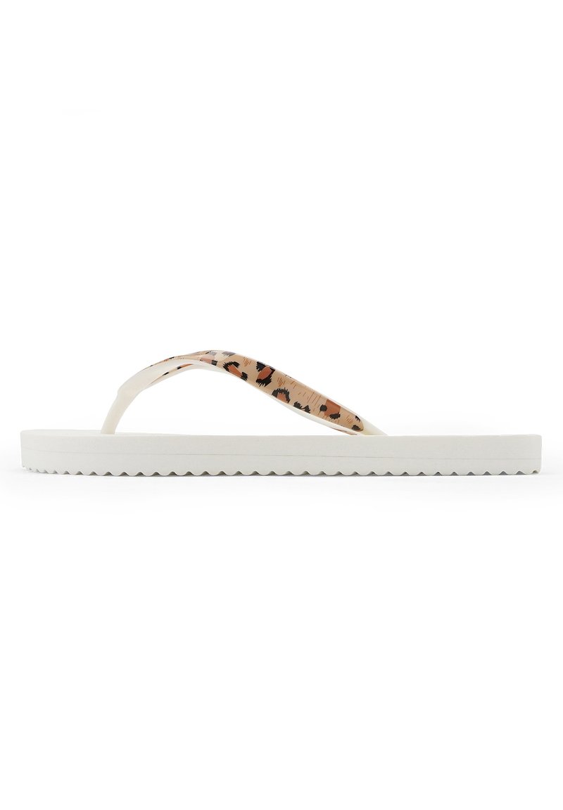 Flip-flop sandal with a white rubber sole, leopard-patterned strap, and textured footbed. Low-profile design with wave-patterned edges.