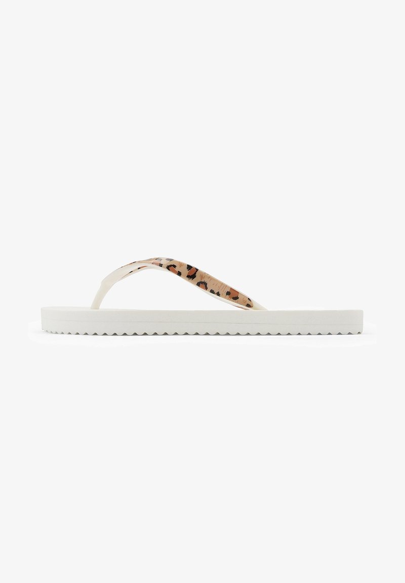 Flip-flop sandal with a white rubber sole, leopard-patterned strap, and textured footbed. Low-profile design with wave-patterned edges.