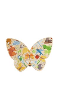 Butterfly-shaped wooden puzzle featuring colorful illustrations of various animals and insects, with a light wood finish and smooth texture.