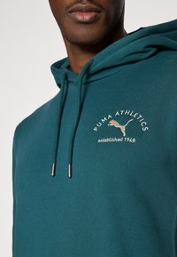 Sudadera con capucha en color teal que presenta un logo frontal en crema, cordones con puntas de metal y una textura suave. Diseño atlético clásico.