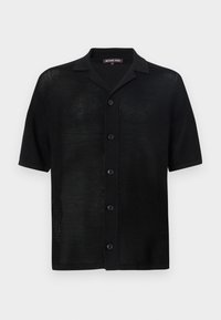 Juodas trumpomis rankovėmis marškinėliai su mygtukais, pagaminti iš permatomo, tekstūruoto tinklelio audinio. Turi klasikinę apykaklę ir šešis priekiniai mygtukus.