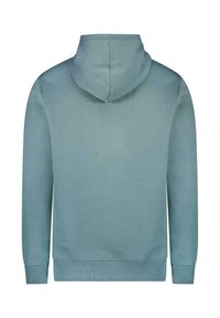 Lichtblauwe hoodie met een trekkoordcapuchon, ribbels aan de mouwen en onderkant. Gemaakt van een zachte katoenmix, met een gladde textuur en minimalistisch ontwerp.