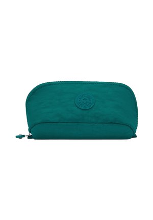 Teal zippered pouch with a rounded top, textured surface, embossed logo, and light stitching. Compact size suitable for cosmetics or accessories.