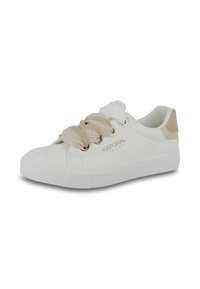 Sneaker bianca con tomaia texturizzata e lacci beige a patterned. Presenta una suola in gomma resistente e un branding minimale sul lato.