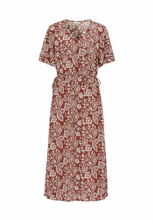 Rostbraunes Midikleid mit weißem Blumen- und Blattmuster, kurzen Ärmeln, V-Ausschnitt und verstellbaren Taillenbändern an beiden Seiten.