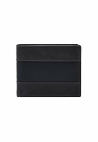 Portefeuille en cuir noir avec une texture lisse, présentant deux bandes horizontales de cuir contrastant et des coutures contrastantes le long des bords.