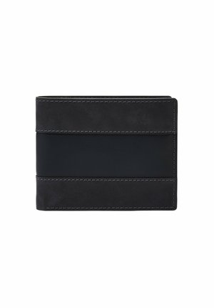 Black leather wallet with a smooth texture, featuring two horizontal bands of contrasting leather and contrasting stitching along the edges.