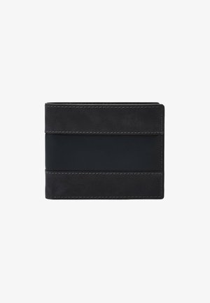 Černá kožená peněženka s hladkým povrchem, která má dvě horizontální pruhy z kontrastní kůže a kontrastní šití podél okrajů.