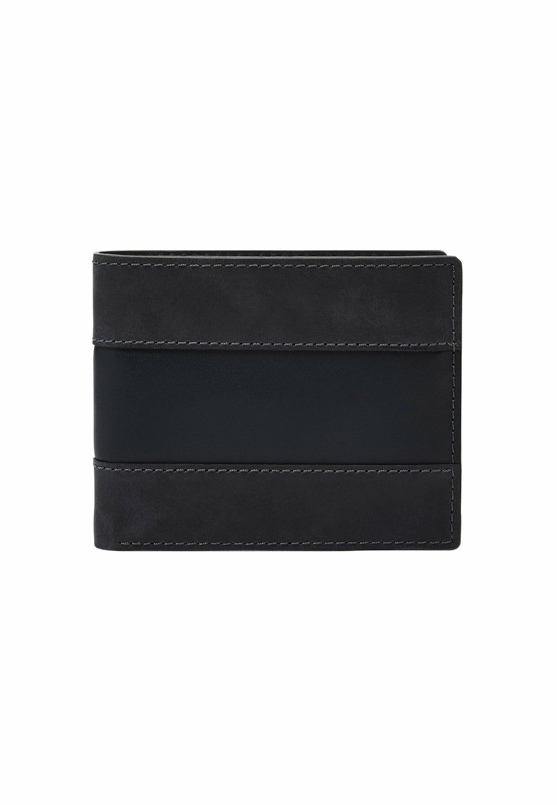 Portefeuille en cuir noir avec une texture lisse, présentant deux bandes horizontales de cuir contrastant et des coutures contrastantes le long des bords.