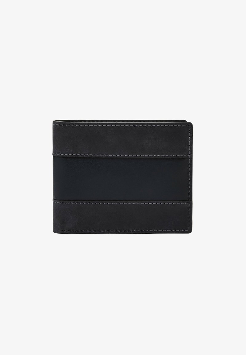 Black leather wallet with a smooth texture, featuring two horizontal bands of contrasting leather and contrasting stitching along the edges.