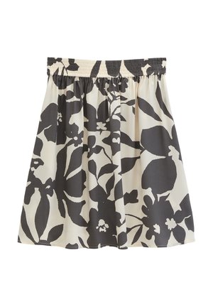 Cremefarbener Rock mit großem schwarzem Blumenmuster und elastischem Taillenbund, gesammelter Stoff, der weiche Falten bildet.