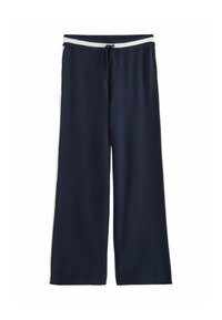 Navy sweatpants with a wide-leg design, featuring a white drawstring and side stripes, crafted from soft fabric with a smooth texture.