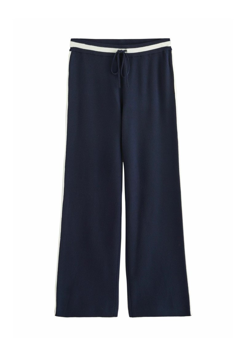 Navy sweatpants with a wide-leg design, featuring a white drawstring and side stripes, crafted from soft fabric with a smooth texture.