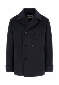 Cappotto doppiopetto in lana blu navy con ampio collo, due tasche laterali e quattro bottoni neri; texture liscia e vestibilità sartoriale.