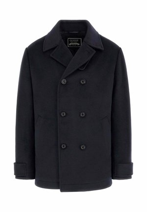 Cappotto doppiopetto in lana blu navy con ampio collo, due tasche laterali e quattro bottoni neri; texture liscia e vestibilità sartoriale.