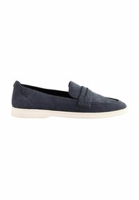 Námornícky modré semišové loafers s hladkým povrchom, s prešitým detailom na vrchu a kontrastnou bielou gumovou súpravou.