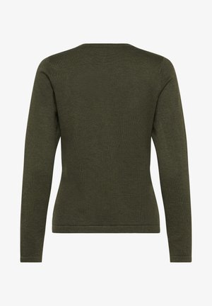 Olive green long-sleeve sweater, smooth knit texture, round neck, fitted design with no visible embellishments, simple and classic silhouette.