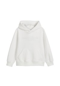 Weißer Baumwoll-Hoodie mit Kängurutasche, Kapuze mit Kordelzug und geprägtem Logotext. Weiche Textur und lockere Passform mit gerippten Bündchen.