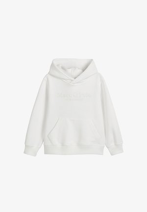 Witte katoenen hoodie met een kangoeroezak, capuchon met trekkoord en geperst logo tekst. Zachte textuur en ontspannen pasvorm met geribbelde manchetten.