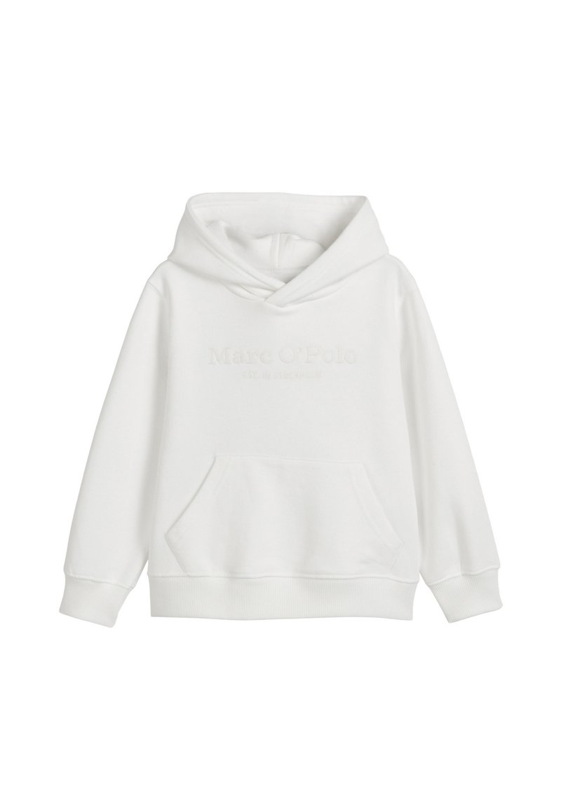 Weißer Baumwoll-Hoodie mit Kängurutasche, Kapuze mit Kordelzug und geprägtem Logotext. Weiche Textur und lockere Passform mit gerippten Bündchen.