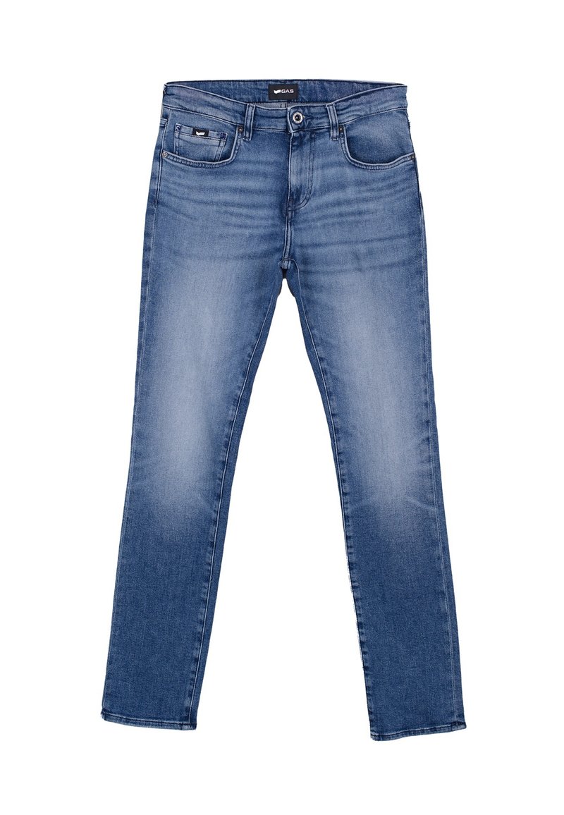 Jeans de mezclilla azul con un diseño de pierna recta, cinco bolsillos, detalles de deslavado sutil y cierre de botón y cremallera.