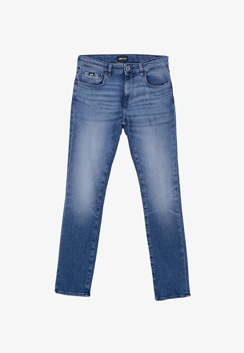 Jeans de mezclilla azul con un diseño de pierna recta, cinco bolsillos, detalles de deslavado sutil y cierre de botón y cremallera.