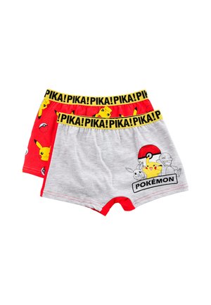 Two pairs of children’s Pokémon-themed boxer shorts, one red with Pikachu and Poké Ball patterns, and one light gray with Pokémon characters and logo.