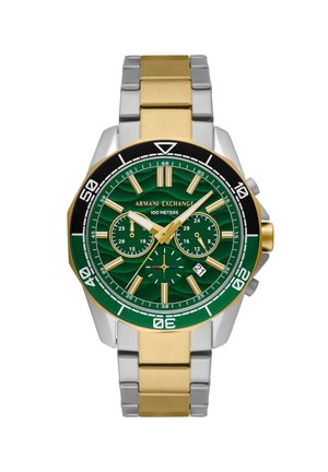 Montre à cadran vert avec un bracelet en métal doré et argenté. Comprend une lunette noire, des sous-cadrans verts texturés et un affichage de la date à 4 heures.