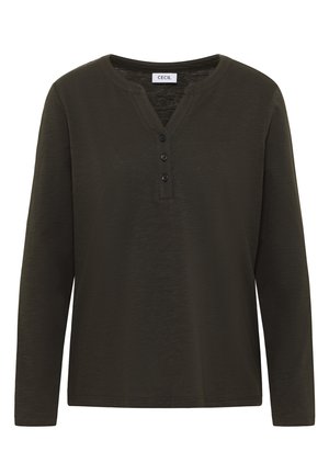 Tmavě zelená dlouhý rukáv košile s výstřihem do V a třemi černými knoflíky na límci. Měkká, lehká tkanina s mírně texturovaným povrchem.