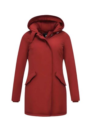 Rode dames winterjas met capuchon, lange mouwen, klepzakken en een voorrits die bedekt is met een knoopsluiting.