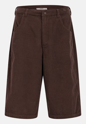 Brune knælange shorts i kordfløjl med bærestropper, forlommer, knaplukning og en etiket inde i linningen.