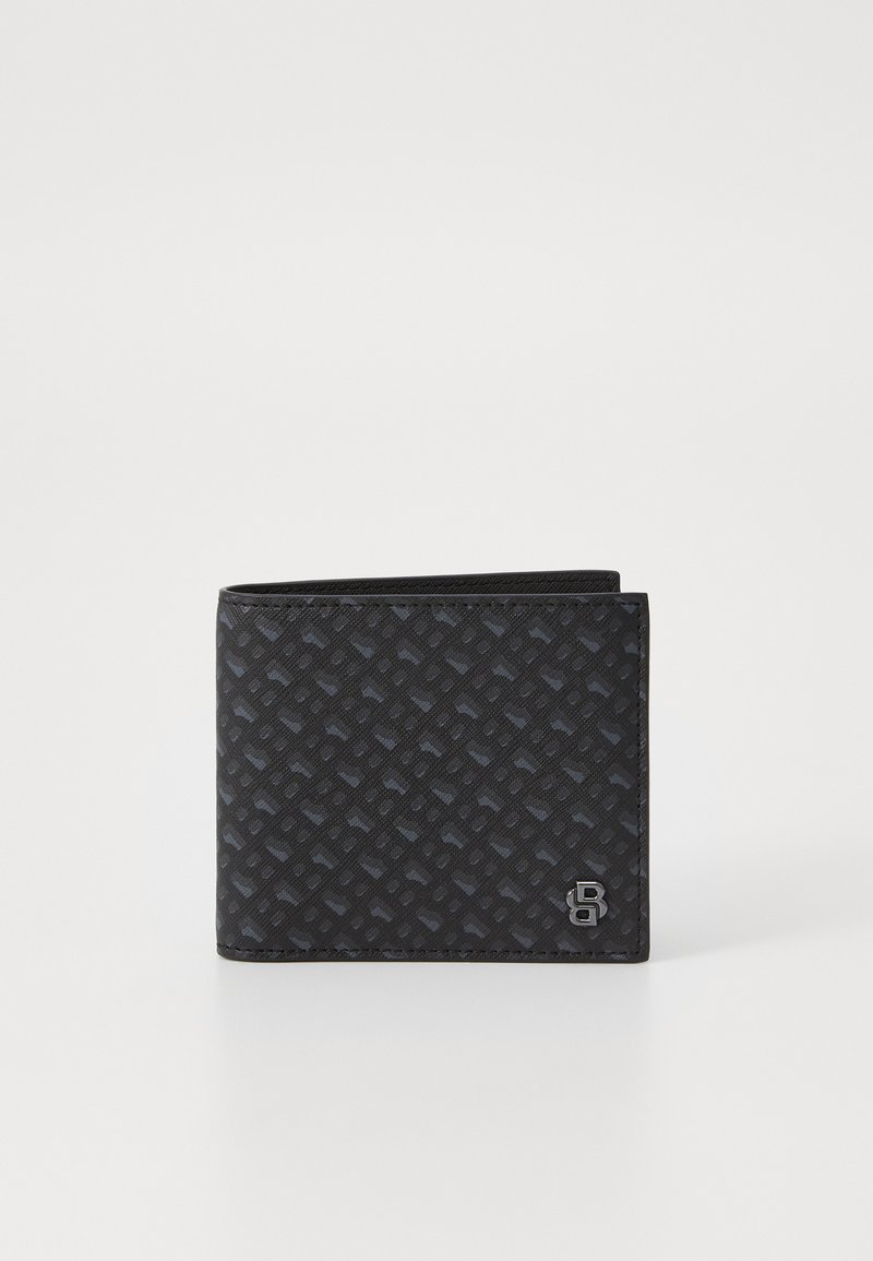 Black bi-fold wallet made of textured synthetic material, featuring a patterned surface and a metallic logo accent on the front.
