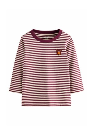Črno-bel prugasta dolgoslečna majica v burgundski in krema barvi z okruglim izrezom in izvezenim medvedkom na levem prsnem delu. Narejena iz mehkega bombažnega materiala.