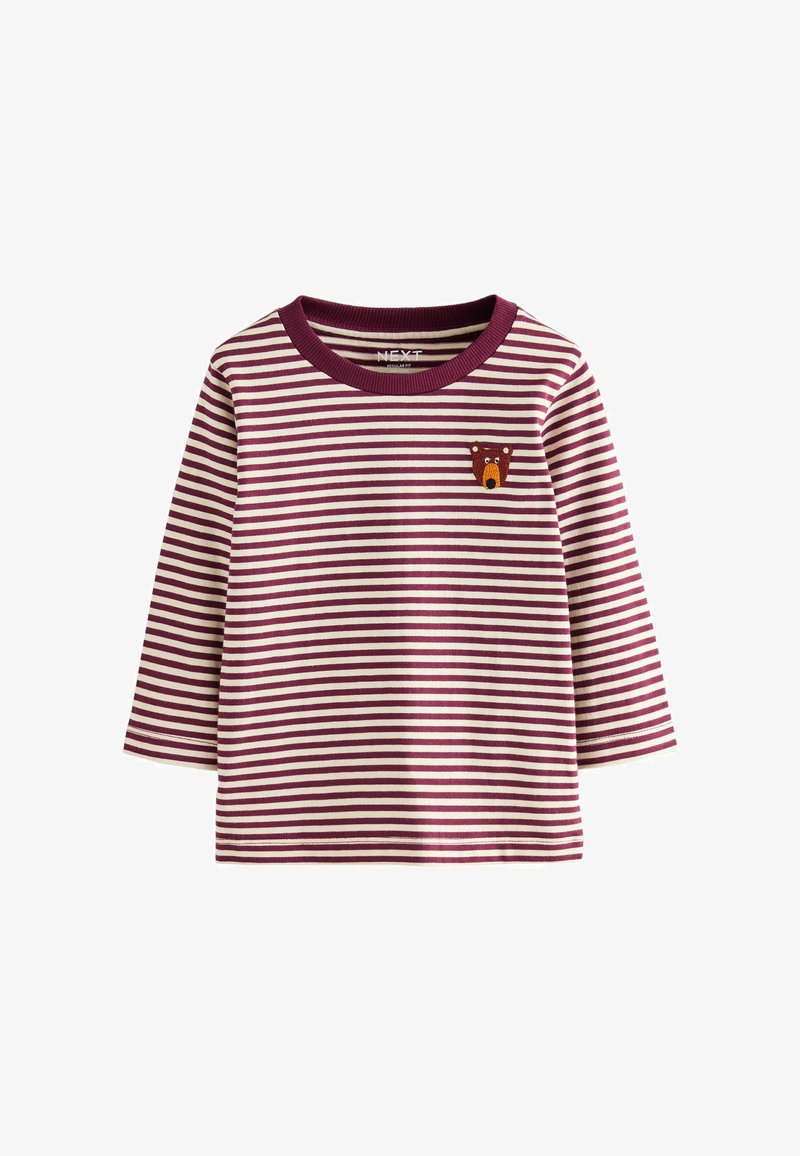 Csíkos, hosszú ujjú burgundi és krémszínű ing, kerek nyakkal, bal mellen hímzett medve motívummal. Puha pamut anyagból készült.