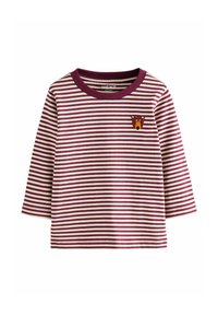 Gestreiftes Langarmshirt in Burgunder und Creme mit Rundhalsausschnitt und gesticktem Bärenmotiv auf der linken Brust. Aus weichem Baumwollmaterial gefertigt.