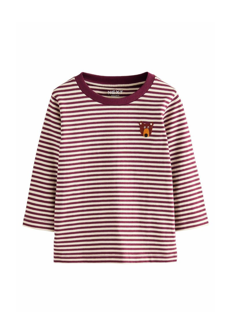 Gestreiftes Langarmshirt in Burgunder und Creme mit Rundhalsausschnitt und gesticktem Bärenmotiv auf der linken Brust. Aus weichem Baumwollmaterial gefertigt.