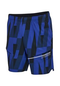 Blå och svarta badshorts med geometriskt mönster, elastisk midja och vit logotypdetalj. Tillverkade av lätt, snabbtorkande tyg.