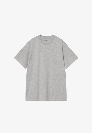 Szara koszulka z krótkim rękawem wykonana z bawełny, z okrągłym dekoltem i małym białym logo na klatce piersiowej. Luźny krój i gładka tekstura.