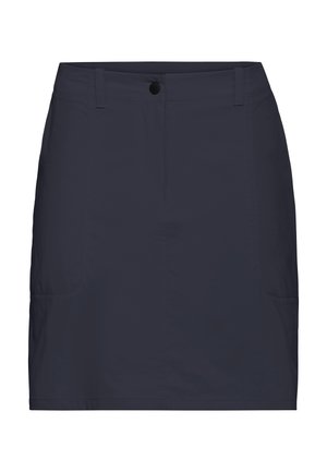 Marineblauwe lichte rok met twee zijzakken, een zwarte knoopsluiting en een gladde textuur. Rechte snit en knielengte ontwerp.