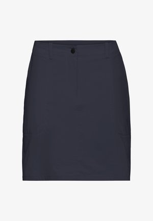Marineblauwe lichte rok met twee zijzakken, een zwarte knoopsluiting en een gladde textuur. Rechte snit en knielengte ontwerp.