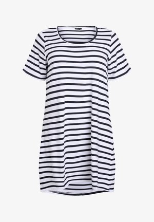 Czarna i biała sukienka w paski z krótkim rękawem, okrągłym dekoltem, miękkiego materiału i luźnym kroju, sięgająca poniżej bioder.