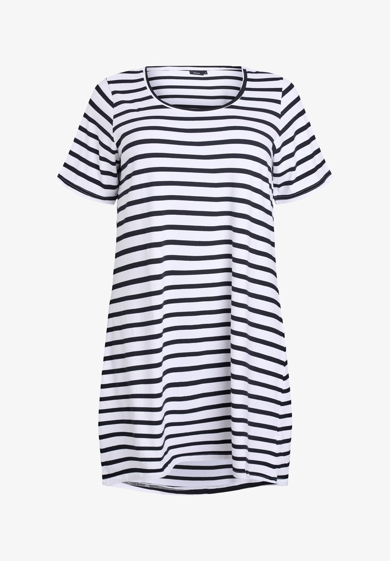 Czarna i biała sukienka w paski z krótkim rękawem, okrągłym dekoltem, miękkiego materiału i luźnym kroju, sięgająca poniżej bioder.