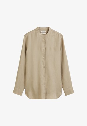 Beige blouse met lange mouwen van lichtgewicht stof, met een Mandarin-kraag, knoopsluiting en een rechte zoom. Soepele textuur door het hele shirt.