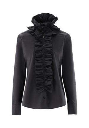 Schwarzes Hemd aus glattem Stoff, mit einem gerafften Kragen und einer vertikalen Rüsche in der Mitte mit Knöpfen. Lange Ärmel mit Knopfmanschetten.