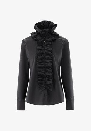 Schwarzes Hemd aus glattem Stoff, mit einem gerafften Kragen und einer vertikalen Rüsche in der Mitte mit Knöpfen. Lange Ärmel mit Knopfmanschetten.