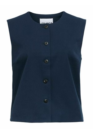 Top senza maniche blu navy realizzato in tessuto morbido, con scollatura rotonda e sei bottoni neri sul davanti. Design semplice e sartoriale.