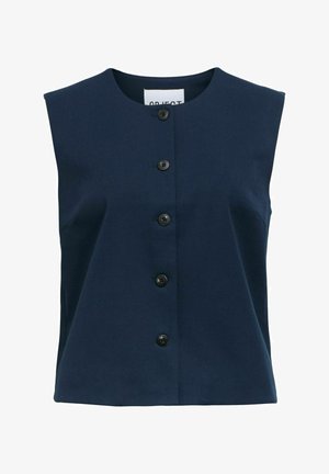 Marinblus utan ärmar i ett mjukt tyg, med rund halsringning och sex svarta knappar framtill. Enkel, skräddarsydd design.